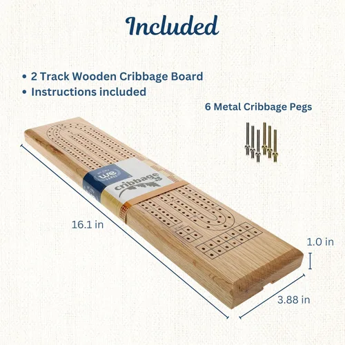 Vista 2 de WE Games Classic Cribbage Set - Tabla continua de 2 pistas de madera de roble maciza con clavijas de metal