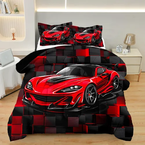 Vista 12 de Juego de Ropa de Cama Individual para Niños con Coches de Carrera, Juego de Edredón de Tamaño Individual con Coche Deportivo Azul para Niños, Juego
