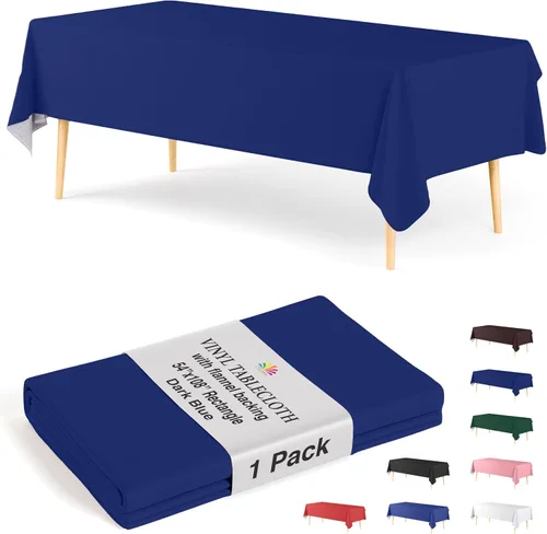 Vista 23 de Exquisite Manteles de vinilo azul de 54 x 70 pulgadas - Paquete de 3 manteles rectangulares con reverso de franela, plástico, reutilizable e