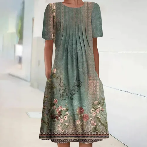 Vista 2 de Vestido casual con estampado floral para mujer, vestido de verano con cuello redondo, manga corta, plisado, vestido midi para fiesta en la playa