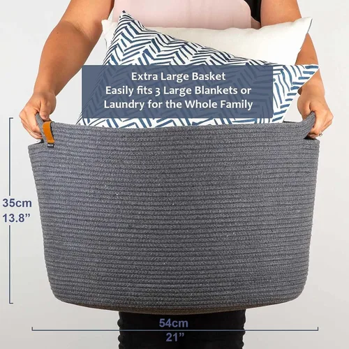 Vista 4 de DENJA & CO Cesta de manta extragrande para sala de estar, cestas tejidas decorativas para almacenamiento, cestas grandes de cuerda de algodón