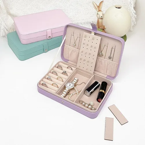 Vista 5 de Joyero de viaje, mini organizador portátil con cremallera, de piel sintética sintética, pequeñas cajas de almacenamiento para anillos, aretes