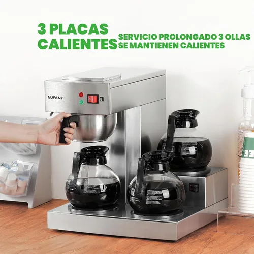 Vista 3 de NUPANT Cafetera comercial de 12 tazas, cafetera de goteo con 3 calentadores de placa y 3 decantadores de vidrio, cafetera comercial de acero