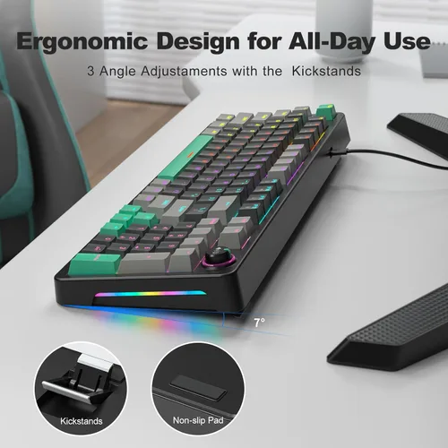 Vista 3 de Teclado mecánico AK96 con pantalla inteligente y perilla, montaje superior 96% teclado mecánico con cable USB-C, intercambiable en caliente, soporte