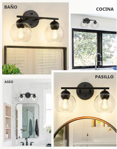Vista 6 de Emak Lámpara de baño negra de 2 luces sobre el espejo, luces de tocador de baño con pantalla de vidrio transparente, VL114-BKL-2