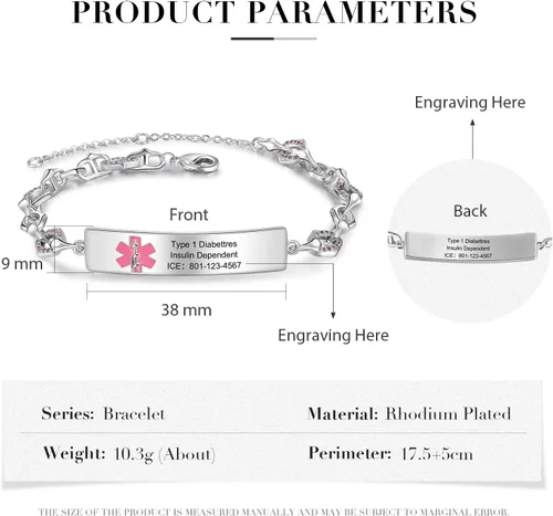 Vista 2 de Pulseras de identificación médica personalizadas de acero inoxidable para mujeres