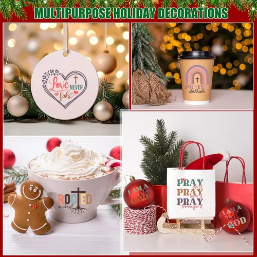 Vista 6 de Fainne 100 piezas de calcomanías navideñas con palabras para manualidades, calcomanías de vinilo navideñas inspiradoras, impermeables, calcomanías