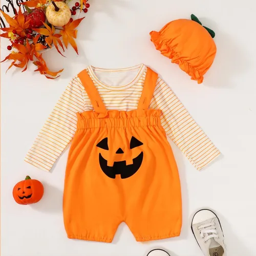 Vista 4 de Traje de Acción de Gracias para bebé niño y niña, traje de 1er Acción de Gracias, traje con tirantes de calabaza