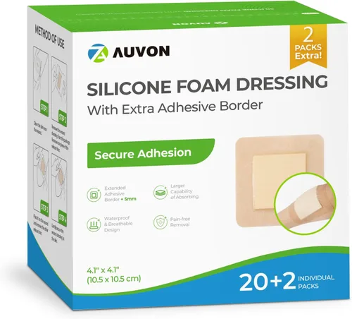 Vista 10 de AUVON Apósito de espuma de silicona con borde adhesivo grande, 3 x 3 pulgadas, 10 paquetes de vendajes para heridas con alta absorbencia, apósitos