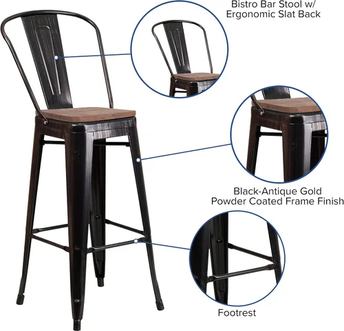 Vista 5 de Merrick Lane Amsterdam Taburete de bar – Silla de bar de metal negro antiguo con asiento de madera – Taburete de cocina con respaldo curvado
