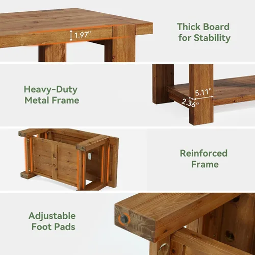 Vista 7 de Mesa de centro de madera maciza con estante de almacenamiento de 2 niveles, mesa central rectangular de granja de 47.2 pulgadas para sala de estar