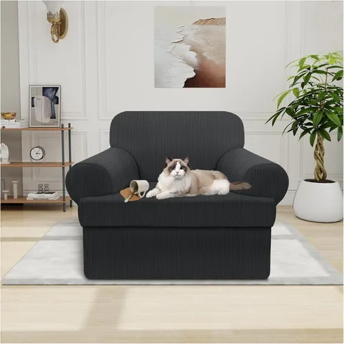 Vista 35 de Funda impermeable para silla con brazos, juego de 2 piezas, funda a rayas para 1 sofá separado con cojín en T, fundas de sillón de tela