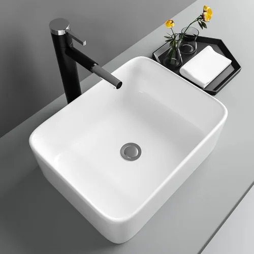 Vista 15 de Lavabo de baño negro de 16 x 12 pulgadas, lavabo de apoyo rectangular para baños, de cerámica, sobre mostrador, lavabo rectangular de baño, lavabo