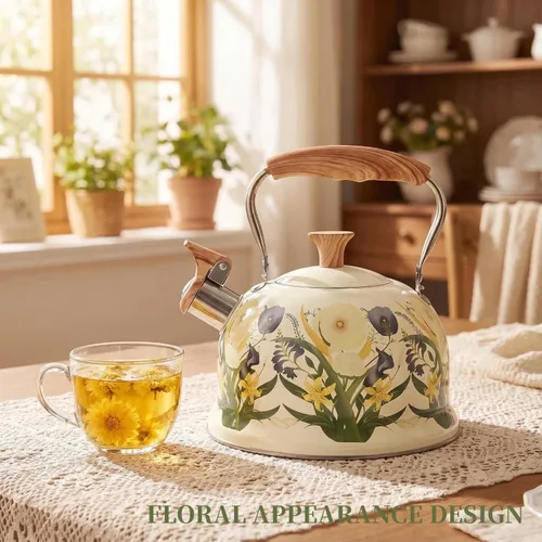 Vista 7 de Tea Kettle for Stove Top, 2.7 Quart Floral Whistling Kettle Tea Pots Stainless Steel Tea Pots with Wood Pattern Folding Handle for Boiling Water