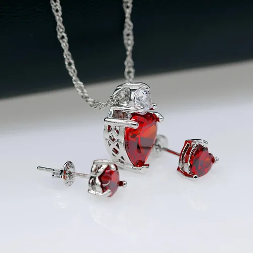 Vista 5 de Uloveido Collar de corazón de cristal rojo y pendientes conjunto de joyas de boda para mujeres BME53