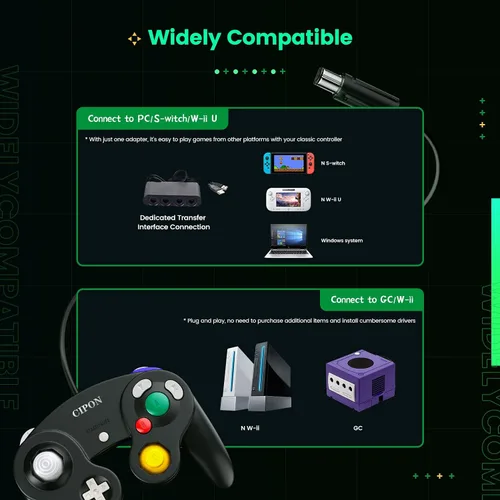 Vista 4 de Cipon Gamecube - Controlador con cable compatible con Nintendo WiiGameCube - mejorado negro y negro