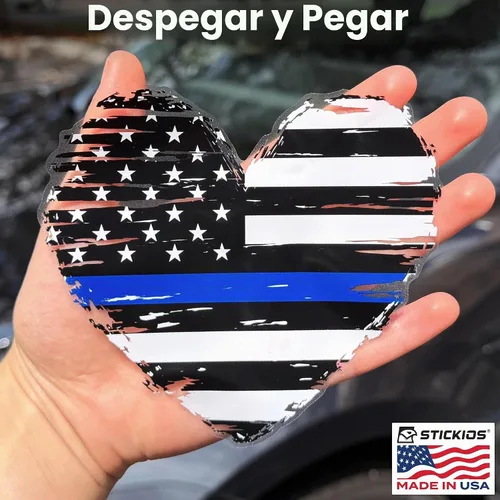 Vista 3 de Stickios Pegatina de la bandera estadounidense hecha jirones con forma de corazón de línea azul, fabricada en Estados Unidos