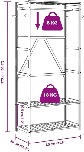 Vista 8 de Perchero de bambú independiente con 3 estantes de almacenamiento y ganchos, soporte de ropa resistente para dormitorio, pasillo, 31.5 x 15.7 x 68.9