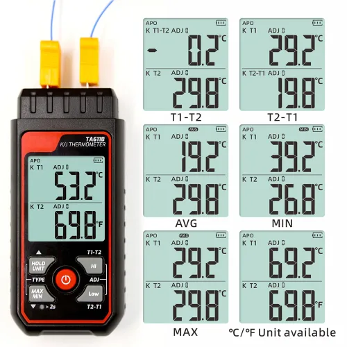 Vista 3 de Termómetro de termopar digital de doble canal tipo K/J - 328 ~ 2501 ℉ Medidor de temperatura industrial HVAC con 4 sondas de termopar tipo K