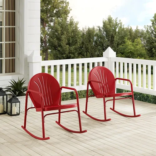 Vista 2 de Crosley Furniture Griffith - Juego de 2 mecedoras de metal retro para exteriores, para porche, terraza, balcón, patio trasero, rojo brillante