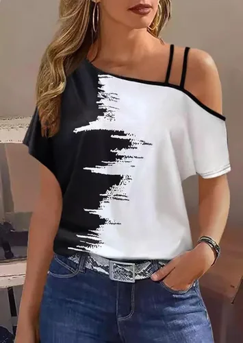 Vista 2 de Camisetas sexy con hombros descubiertos para mujer, casual, con un hombro, con botones, con volantes, blusa para vacaciones de verano, camisetas