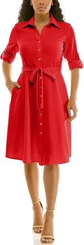 Vista 9 de Sharagano Vestido camisero plisado para mujer, manga 3/4, cuello en V, botones dorados Acacia
