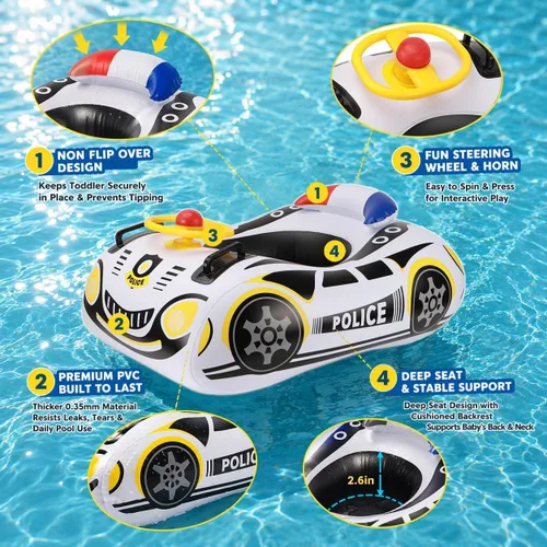 Vista 5 de Flotador de piscina para niños pequeños con volante, flotador de piscina para bebés sin giro con asiento y respaldo, PVC grueso inflable de policía