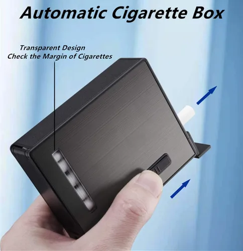Vista 3 de Estuche de cigarrillos de expulsión automática de 20 piezas con encendedor de arco eléctrico recargable, resistente al viento, sin llama, soporte