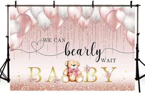 Vista 4 de AIBIIN Telón de fondo para baby shower de oso de 7 x 5 pies para niña, We Can Bearly Wait to Meet You con globos rosados, flores de oro rosa