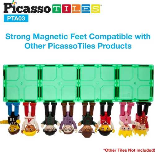Vista 2 de PicassoTiles Figuras magnéticas + 100 azulejos magnéticos + 2 camiones de automóvil, juego de expansión de imán de acción de personajes de 8 piezas