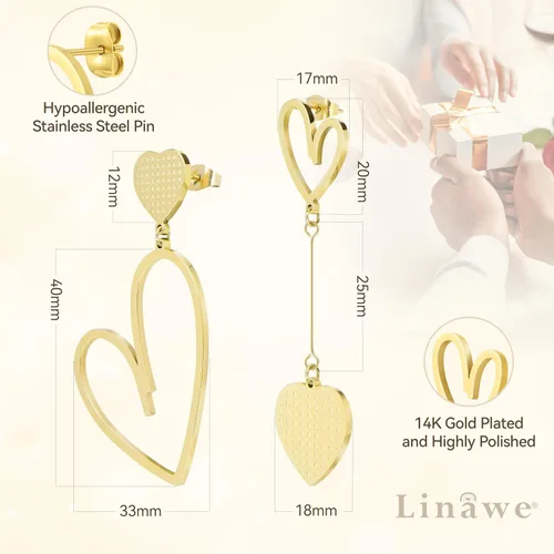 Vista 5 de Linawe Aretes colgantes con forma de corazón para mujer, de acero inoxidable, hipoalergénicos, asimétricos, para el día de San Valentín