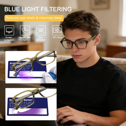Vista 3 de Dollger Gafas de luz azul para hombre, estilo vintage, rectangular, con marco grueso, sin receta, para computadora, juegos, uso del teléfono