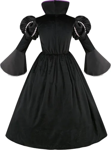 Vista 2 de yolsun Disfraz de bruja morada para niñas, vestido de bruja de Halloween con mangas de burbujas para niños