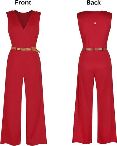 Vista 6 de Pink Queen Overol para mujer, cuello en V, sin mangas, pierna ancha, pantalones largos
