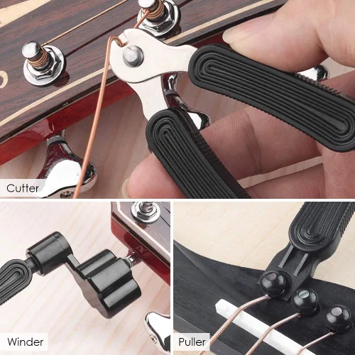 Vista 3 de Paquete de 3 cuerdas de guitarra acústica (oro, latón, multicolor) con púas de guitarra de celuloide, kit de bobinadora de cuerdas