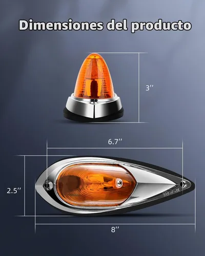 Vista 6 de Luces de Cabina Torpedo de Luz Ámbar con Parte Superior Cromada, Luces Marcadoras de Cabina para Techo, Conjunto de Luces de Funcionamiento