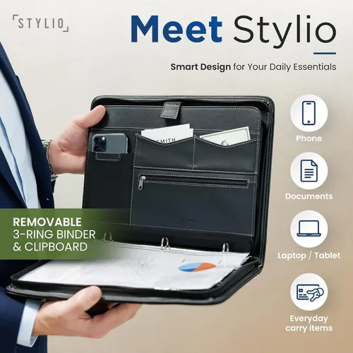 Vista 3 de STYLIO Carpeta portafolio con cierre Padfolio carpeta de 3 anillas (1") y portapapeles desmontable (removible) Organizador de portafolio