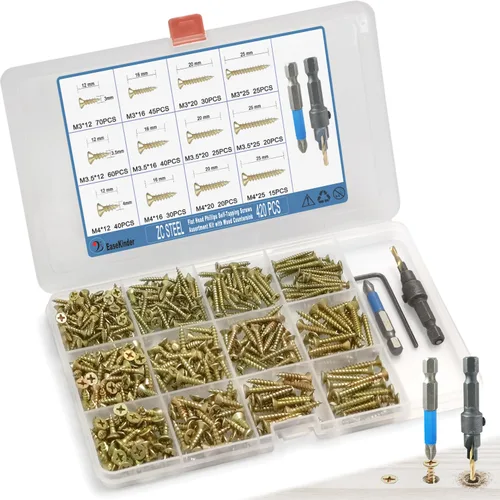 Vista 9 de Kit surtido de 440 piezas de tornillos de cabeza plana Phillips para madera, tornillos autorroscantes de acero al carbono con taladro para madera