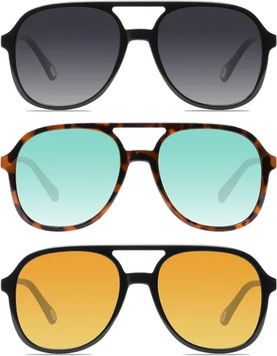 Vista 8 de YDAOWKN Retro Aviator Sunglasses for Womens Mens 70s Double Bridge Sunnies 2 Tintes Negro/Gris+Negro/Amarillo