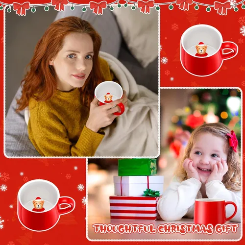 Vista 6 de Sliner Divertidas tazas de Navidad en 3D con animal en el interior, 13.5 onzas, hechas a mano, taza de café de cerámica, bonita figura de dibujos