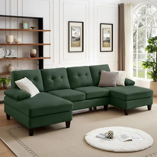 Vista 9 de Sofá modular de 111 pulgadas para sala de estar, sofá en forma de U de 4 plazas con doble diván de fibra de poliéster, beige