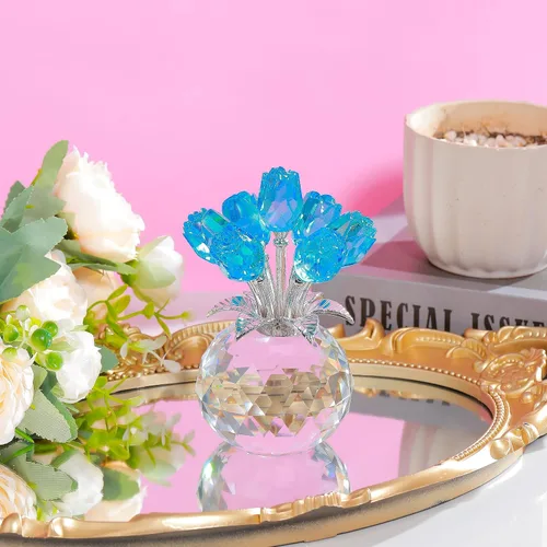 Vista 5 de Figura de cristal de rosa azul lago con jarrón, ramo de flores, adorno de regalo para esposa, novia, mujer, flor de cristal hecha a mano, decoración