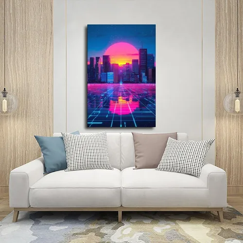 Vista 5 de Cyberpunk - Arte de pared Vaporwave - Póster de ciudad futurista de neón, impresión retro de onda sintética moderna, impresiones de pared abstractas