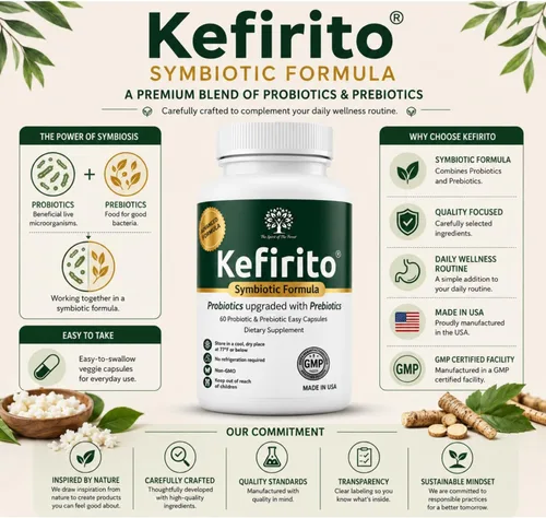 Vista 8 de Kefirito Daily Symbiotic Formula – Suplemento diario probiótico + prebiótico, 60 cápsulas – Absorción equilibrada de nutrientes y apoyo de comodidad