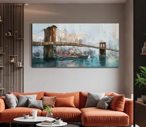 Vista 6 de Acocifi Nueva York Puente de Brooklyn Arte de Pared para Sala de Estar Paisaje Urbano Abstracto Imagen de Horizonte Pintura en Lienzo Grande Obra