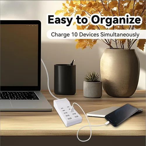 Vista 7 de Bloque de estación de carga USB con 10 puertos (6 puertos USB-A y 4 puertos USB-C), tira de alimentación USB para teléfono inteligente, tableta