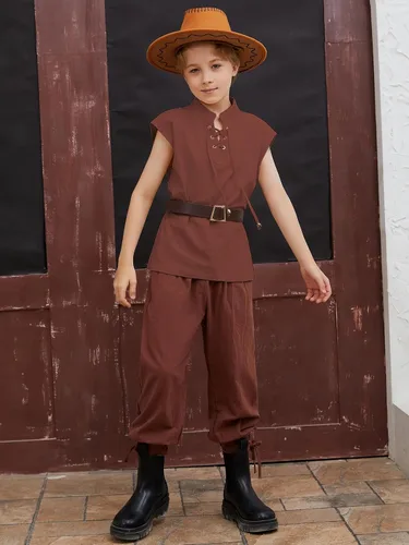 Vista 3 de Pantalones de tobillo medievales para niños, disfraz de pirata vikingo, renacentista, con cordones, con bandas cónicas, pantalones para niños