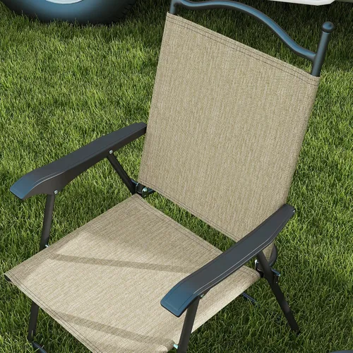 Vista 7 de Outsunny Sillas plegables para patio, juego de 4 sillas deportivas para adultos, sillas de camping con reposabrazos, asiento de tela de malla Beige