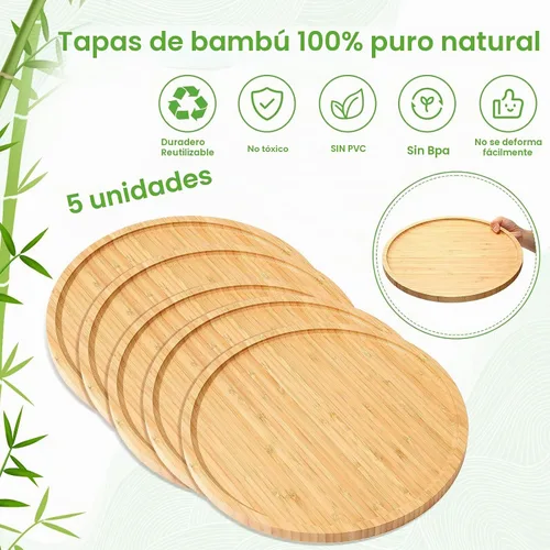 Vista 6 de Meanplan Bandeja de bambú – 5 platos de madera, tabla redonda de charcutería y plato para servir con borde para cocina, fruta, pan, ensalada, mesa