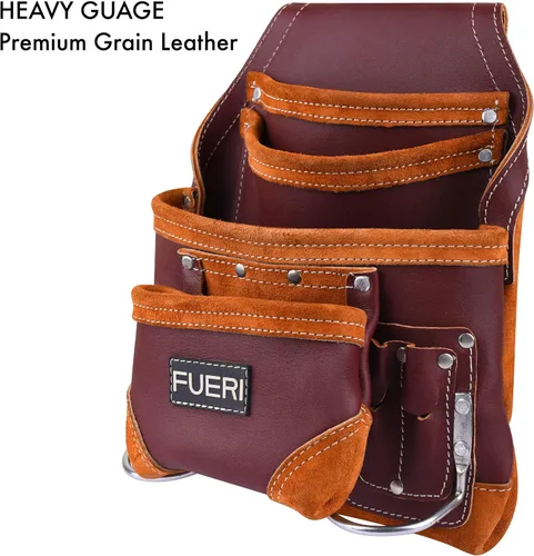 Vista 12 de Bolsa profesional de 10 bolsillos para herramientas de carpintero Cuero de grano premium resistente, soporte de marco ajustable de refuerzo